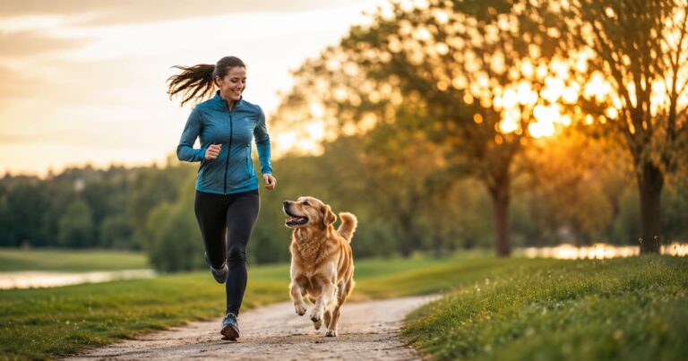 Mujer corriendo junto a su perro por un sendero al atardecer