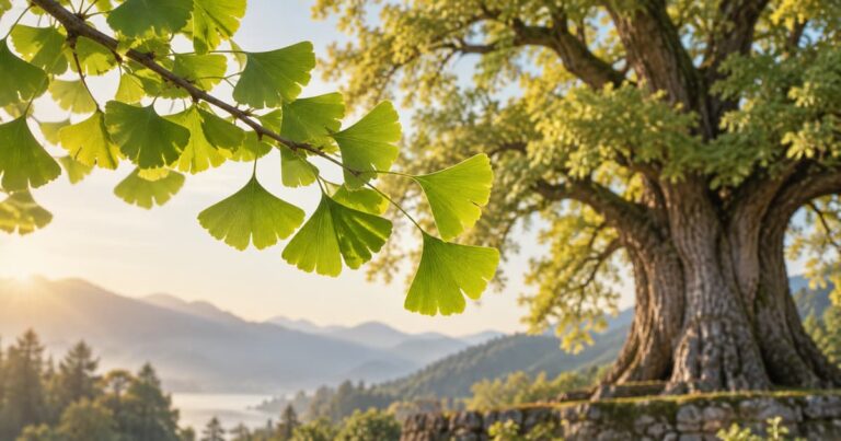 Hojas de ginkgo biloba junto a un árbol centenario iluminado por el sol