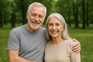 Pareja de adultos mayores sonrientes abrazados en un parque, representando un envejecimiento saludable.