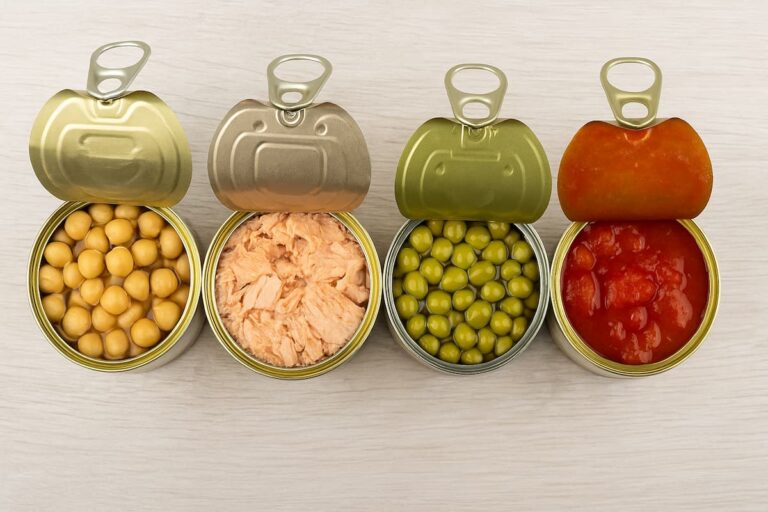 Alimentos enlatados saludables como garbanzos, salmón, chícharos y tomate enlatado.
