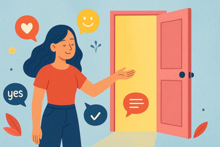 Mujer sonriente junto a una puerta abierta, simbolizando cómo el lenguaje positivo puede abrir nuevas oportunidades y mejorar los vínculos personales.
