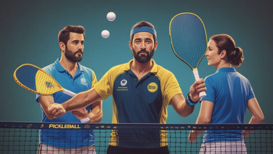 Origen y Popularidad del Pickleball Tres jugadores de pickleball, posando en una cancha, representando el origen y la creciente popularidad de este deporte ideado en Estados Unidos.
