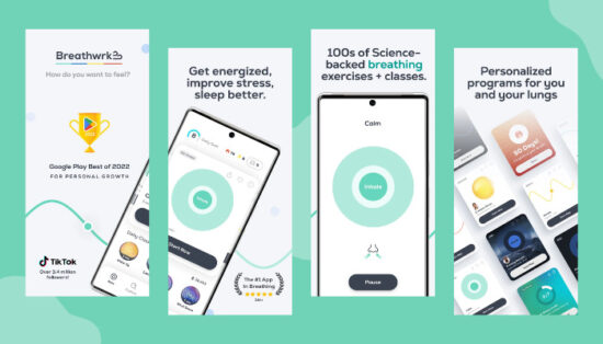 Interfaz de Breathwrk con ejercicios de respiración guiada apps recomendads para relajarse