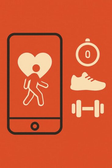 10 aplicaciones que te ayudarán a salir del sedentarismo 4 Diseño vertical con fondo rojo, íconos de fitness y texto “10 aplicaciones que te ayudarán a salir del sedentarismo”.