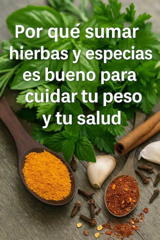 Hierbas frescas y especias como cúrcuma, ajo, canela y chiles molidos, acompañado del texto “Por qué sumar hierbas y especias es bueno para cuidar tu peso y tu salud”.