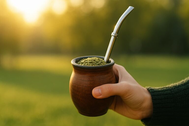 Mano sosteniendo un mate tradicional con bombilla de acero, fondo verde natural iluminado por el sol.