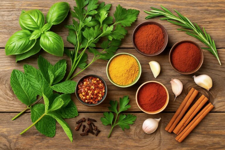 Hierbas frescas y especias coloridas como cúrcuma, pimentón, ají molido, ajo, clavos de olor y canela sobre una mesa de madera.