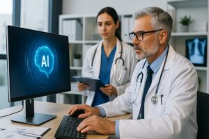 Dos médicos analizan resultados médicos en una pantalla digital con inteligencia artificial, representando el uso de tecnología avanzada en salud.