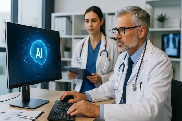 Dos médicos analizan resultados médicos en una pantalla digital con inteligencia artificial, representando el uso de tecnología avanzada en salud.