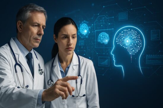 Pareja de médicos analizan resultados en una pantalla digital con inteligencia artificial, representando el uso de tecnología