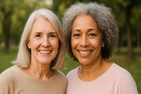 Avanza una nueva mirada sobre la menopausia, una etapa para vivir con plenitud y salud. Dos mujeres adultas sonrientes al aire libre, representando bienestar y confianza en la etapa de la menopausia.