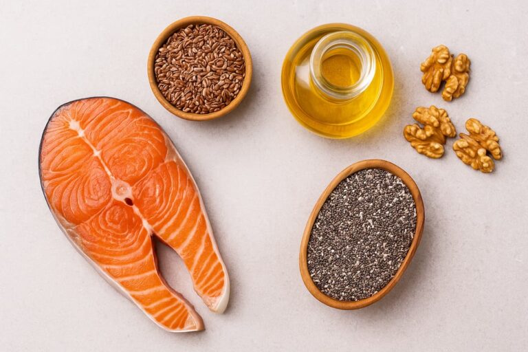 Ingredientes naturales ricos en omega-3: pescado, semillas y aceite sobre fondo neutro.