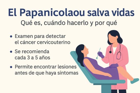 Cuidar tu salud íntima también es un acto de amor propio. Ilustración informativa sobre el Papanicolaou que explica qué es, cuándo hacerlo y por qué es importante para prevenir el cáncer cervicouterino.