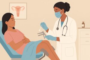 Ilustración conceptual de una doctora latina conversando con una paciente durante una revisión ginecológica en una clínica moderna.