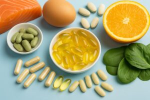 Suplementos naturales, frutas y verduras frescas sobre fondo claro, representando las vitaminas esenciales para la salud después de los 40 años.