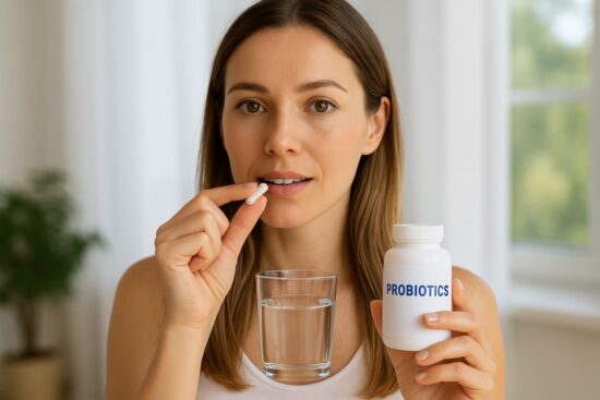 Mujer sonriente tomando un suplemento probiótico para cuidar su salud intestinal.