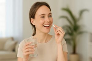 Mujer sonriente con ojos abiertos tomando un suplemento probiótico, representando salud intestinal y bienestar general.