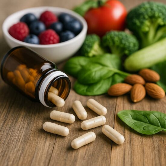 Suplementos probióticos junto a frutas frescas y alimentos naturales para una dieta equilibrada.