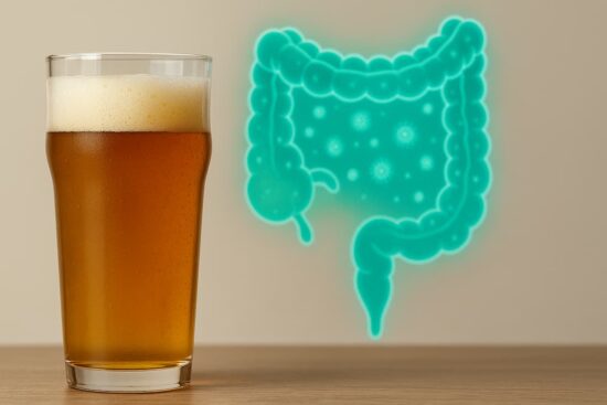 Vaso de cerveza junto a una ilustración del intestino grueso, destacando el impacto del alcohol en la microbiota.