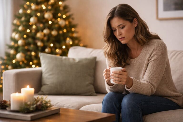 Persona triste sentada sola en el living durante las fiestas de fin de año, con árbol de Navidad de fondo