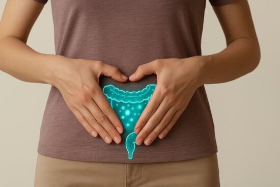 Ilustración de la microbiota intestinal resaltada sobre el abdomen de una persona, simbolizando salud digestiva.