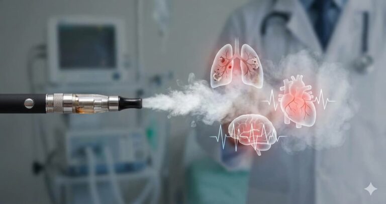 Ilustración realista de un cigarrillo electrónico emitiendo vapor, con una atmósfera dramática que simboliza los riesgos respiratorios y cardiovasculares del vapeo.