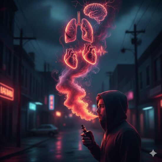 9 mitos sobre el vapeo que generan confusión 3 Composición artística que muestra el humo de un vapeador formando una silueta de advertencia, representando las toxinas y metales pesados inhalados al vapear.