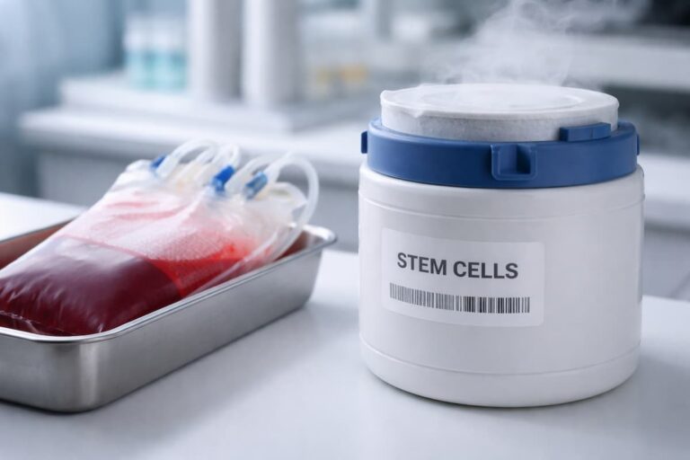 Muestra de sangre de cordón umbilical y contenedor de criopreservación en laboratorio de células madre en Argentina