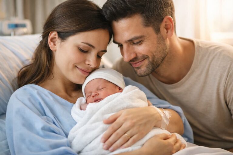 Padres con su bebé recién nacido en hospital tras el parto, momento emocional relacionado con la decisión sobre células madre del cordón umbilical