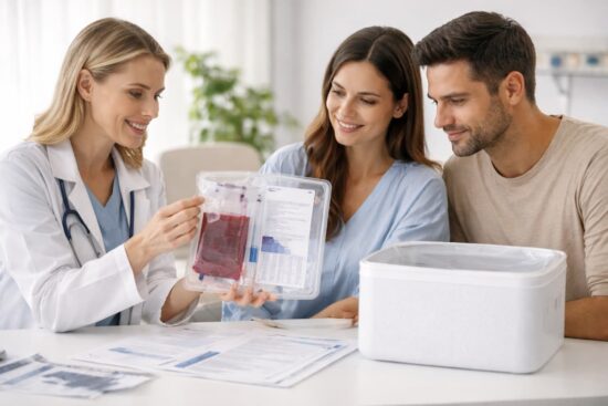 Banco público vs banco privado de células madre en Argentina: diferencias clave antes de decidir 10 Médica explicando kit de recolección de células madre del cordón umbilical a futuros padres en consulta prenatal