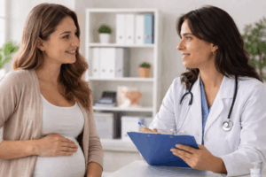 Mujer embarazada conversando con m&eacute;dica sobre c&eacute;lulas madre del cord&oacute;n umbilical en consultorio