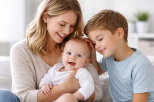 Madre con su beb&eacute; en brazos junto a su hijo mayor representando compatibilidad entre hermanos