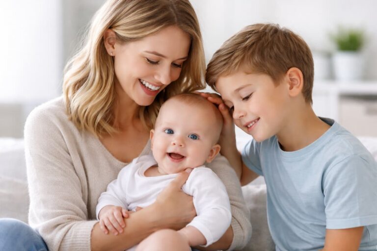 Madre con su bebé en brazos junto a su hijo mayor representando compatibilidad entre hermanos