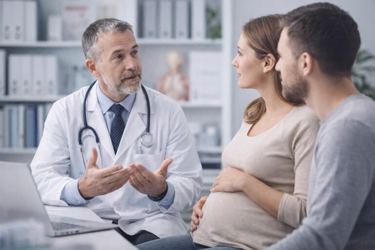 Médico explicando información sobre células madre a mujer embarazada y su pareja en consultorio