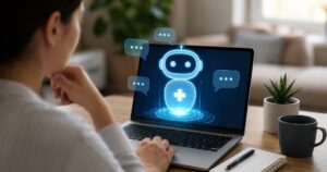 Persona usa una laptop con un asistente de inteligencia artificial en pantalla, en una imagen ilustrativa sobre consultas m&eacute;dicas hechas a chatbots.