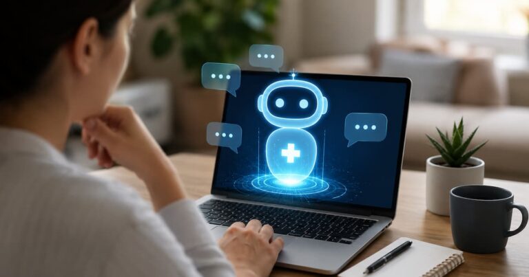 Persona usa una laptop con un asistente de inteligencia artificial en pantalla, en una imagen ilustrativa sobre consultas médicas hechas a chatbots.