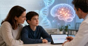 Madre y ni&ntilde;o en consulta m&eacute;dica con un especialista, con ilustraciones de ADN y cerebro para representar el s&iacute;ndrome SYNGAP1 y el diagn&oacute;stico gen&eacute;tico de epilepsia y retraso madurativo.